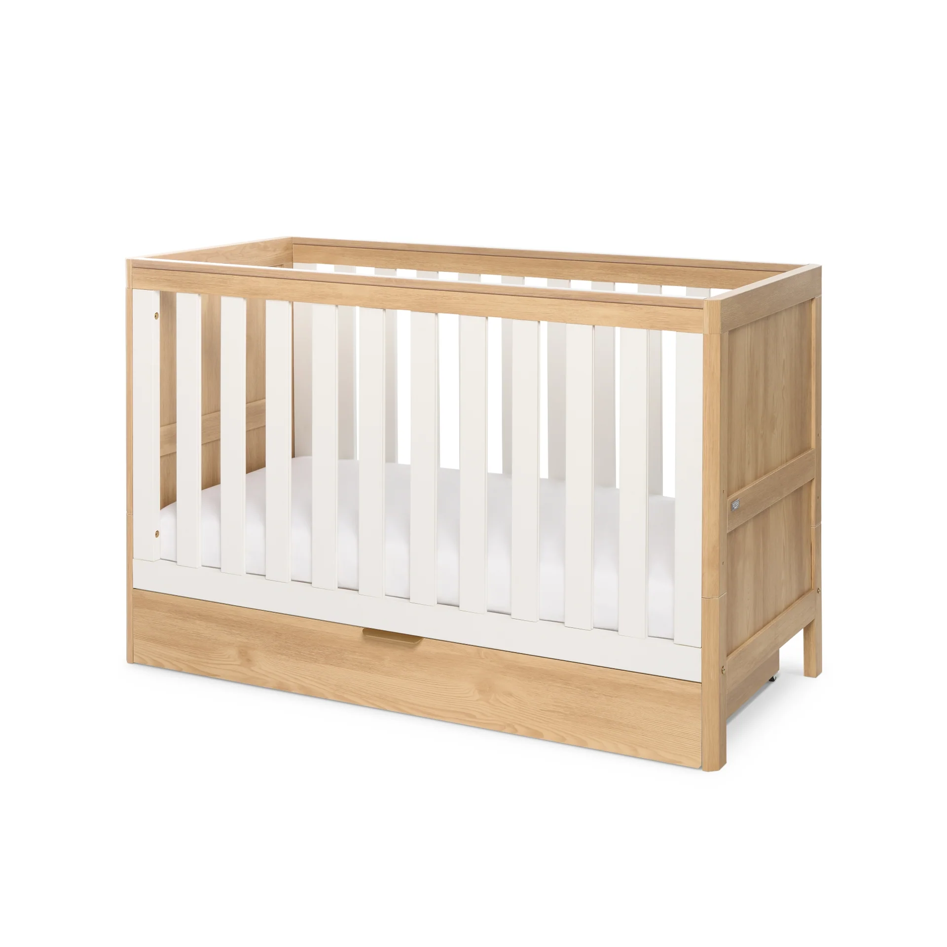 Tutti Bambini Riley Mini Cot Bed with Drawer Maple Oak White Birth to 4 Years